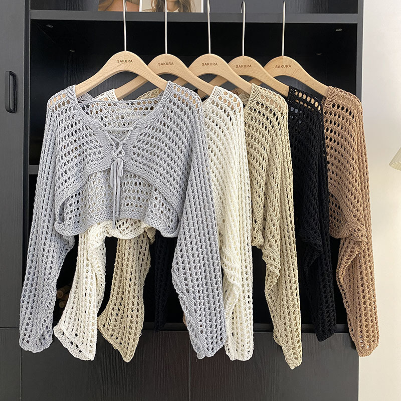 Hollow Lace-up Short Slim-fit Pullover Sweater Women's 2024 Summer New Korean-style All-match Slim-fit Top