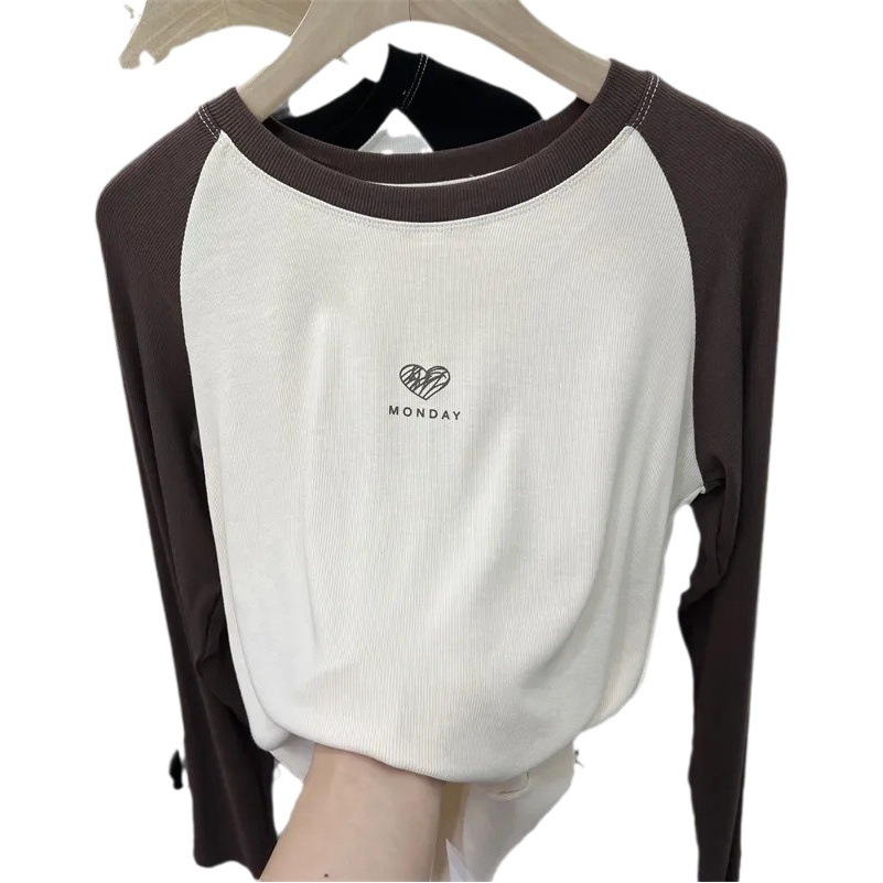 European Color Matching Letter Love Printed Thread Round Neck Long-sleeved T-shirt Women's Spring New Slim-fit Inner Base Top