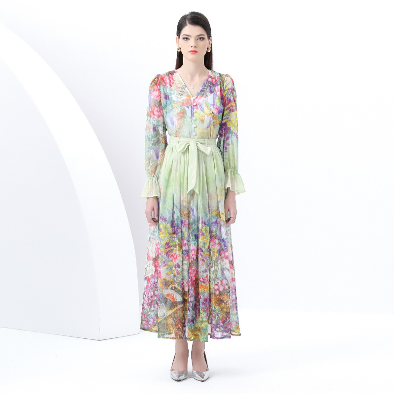 European and American Socialite Elegant Bow Printed Chiffon Shirt + High-Waisted Draped Skirt Holiday Style Suit