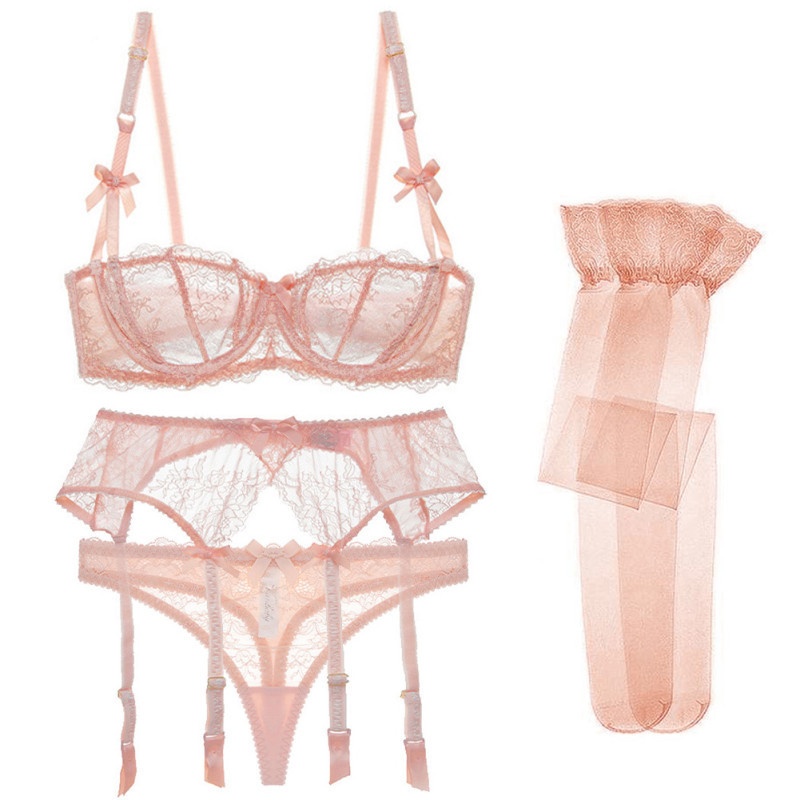 Independent Station Half Cup Sexy Lace 4-Piece Bra Intimates Women's Bra + Panties + Garter + Stockings Set