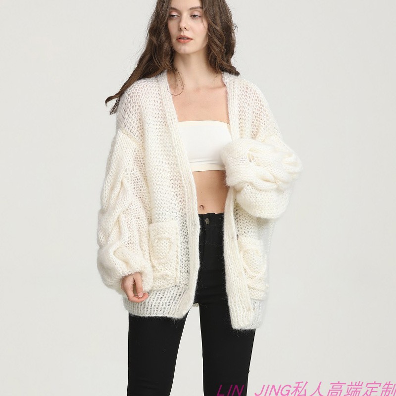Hand-Woven Crochet Mohair Loose Casual Straight Cardigan Coat Commuter sweater for Women