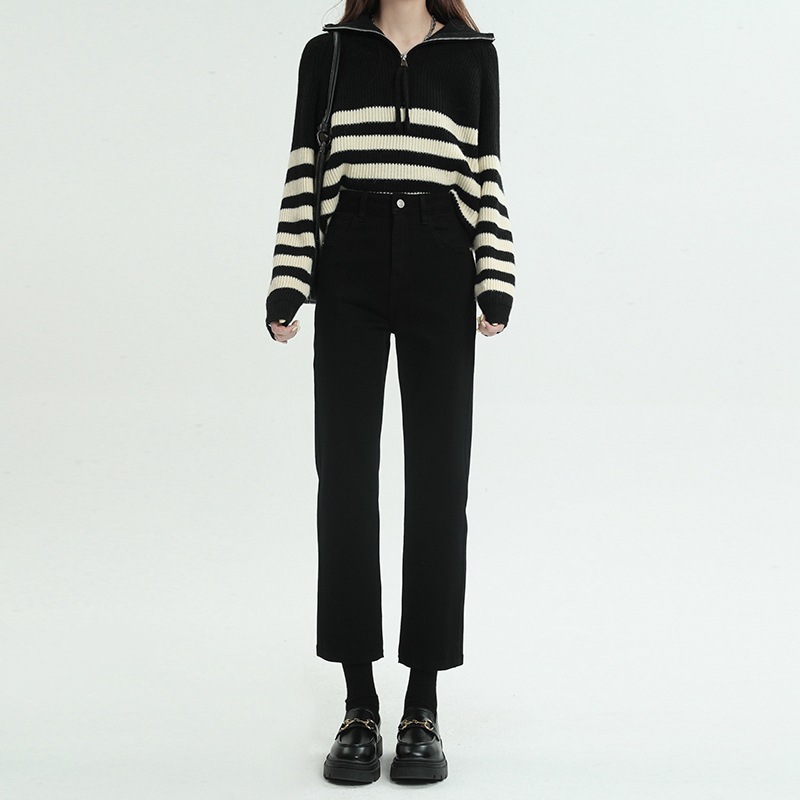 Black High Waist Short Straight Jeans Women's New Autumn and Winter Slim Look Tall Slim Fit Stretch Cropped Smoke Tube Pants