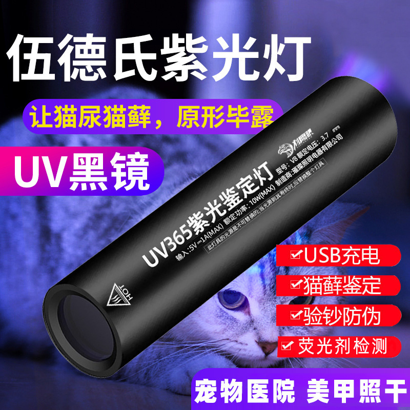 Wood's Lamp Cat Moss Lamp Fluorescent Agent Detection 365Nm Purple Light USB Rechargeable Flashlight Anti-Counterfeiting Banknote Inspection