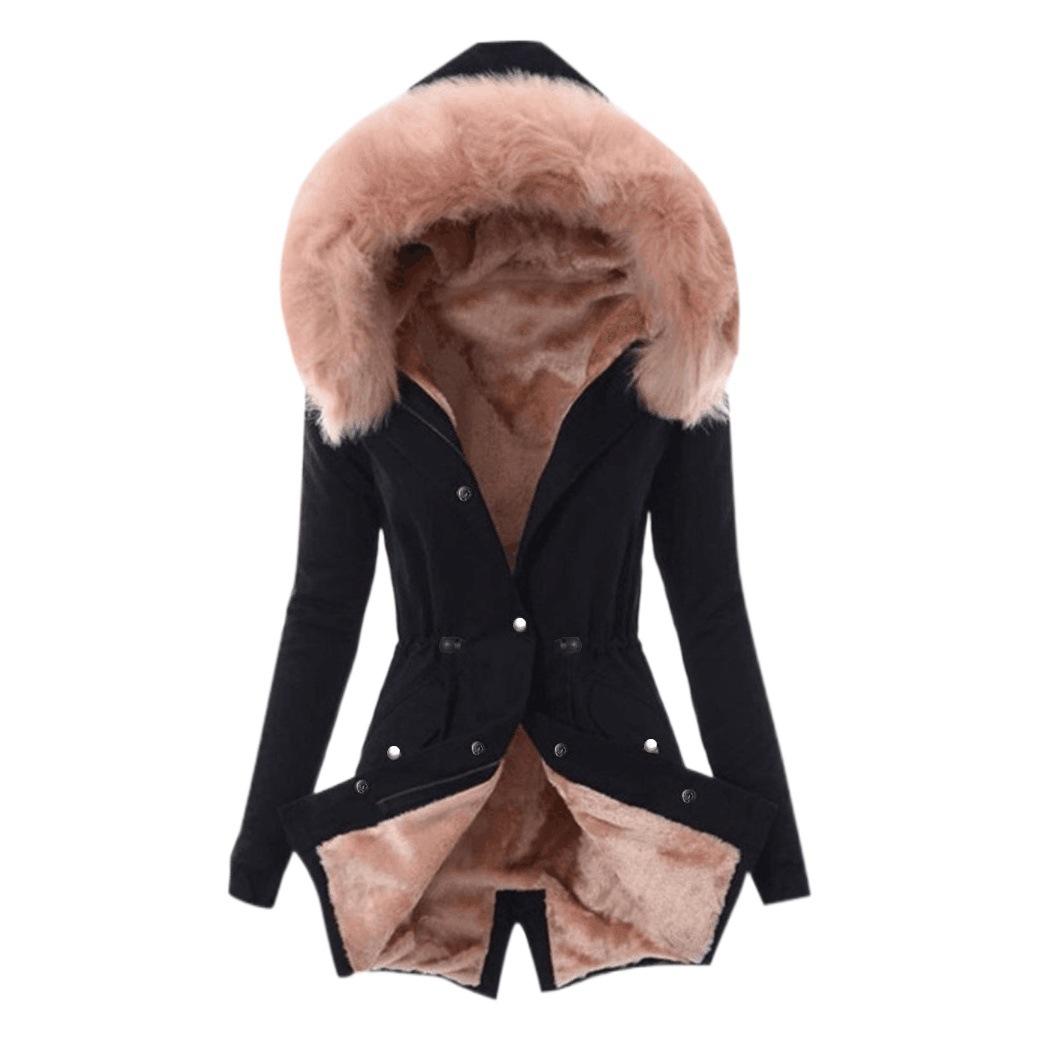 Slim-fit jacket with furry hat winter popular women's strap fur collar fleece-lined slim fit cotton-padded jacket