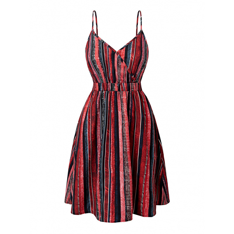 Picture of In-Stock Popular European and American Women's Dress 2025 Summer Striped Wrap V-Neck Spaghetti Strap Elastic Camisole Dress