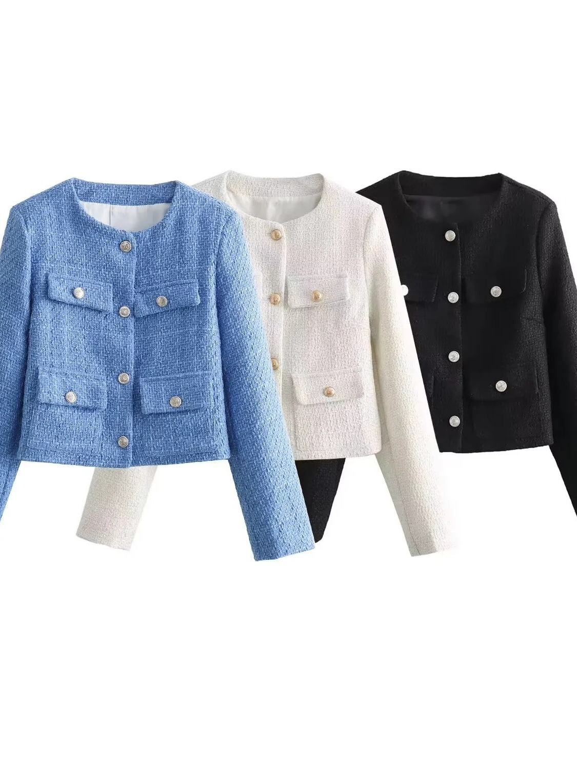 Foreign trade wholesale 2024 spring new texture shoulder pad round neck long sleeve Chanel style coat top 1202416