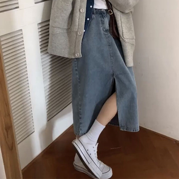 Jeans Women's Spring and Summer New Korean-style Trendy Retro Mid-length Skirt Split Design Sense A- line Skirt