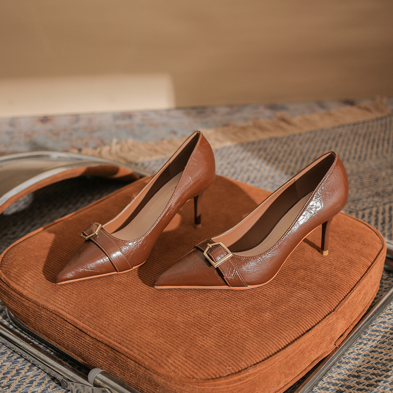 733 Fashion Show Air Pointed Thin Heel Women's All-match Metal Buckle Elegant Shallow Mouth Single-layer Shoes 2024 New Women's Single-layer Shoes