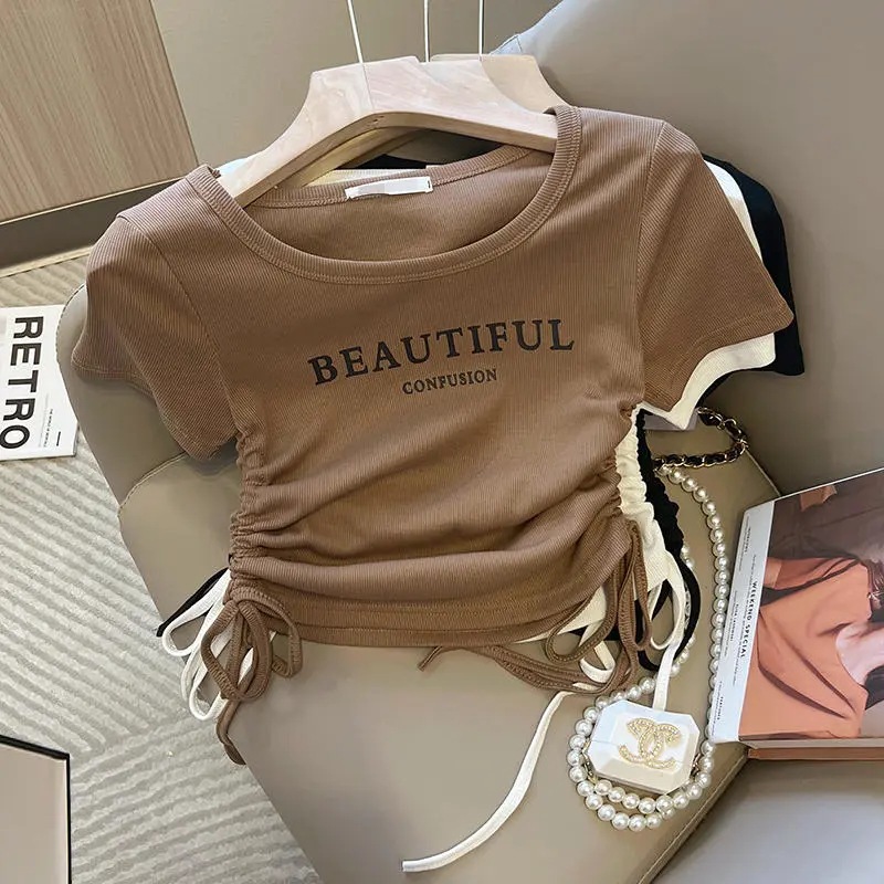 Short-sleeved T-shirt Women's 2024 Summer New All-match Top Korean-style U-collar Letter Drawstring Printing Niche Design Sense