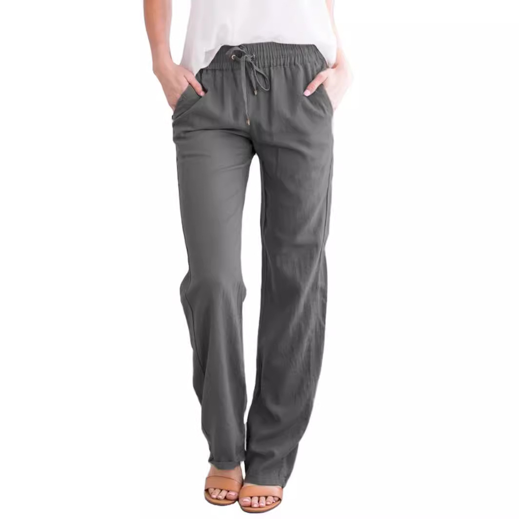 Picture of 2025 Cross-Border Ebay Amazon Wish Spring and Summer New Pure Color Cotton and Linen Loose Drawstring Casual Wide-Leg Pants for Women