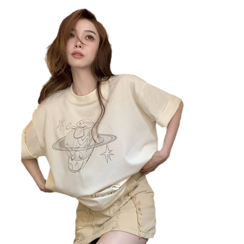 Picture of apricot Rabbit Printed Short-sleeved T-shirt Women's Summer Thin Korean Style Design Niche Loose Hong Kong Style Top