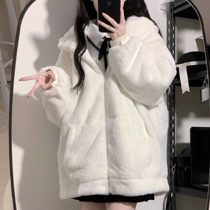 Rabbit velvet cashmere lambswool coat for women autumn and winter 2024 New woolen coat hooded cute lazy style sweater