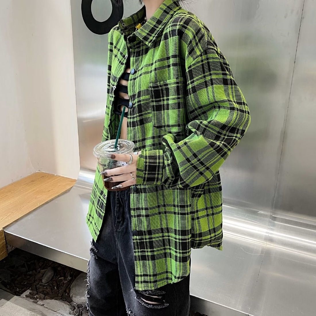 Guochao High Street European and American Fashion Brand American Hip Hop Couple Loose Striped Green Shirt Jacket Plaid Shirt