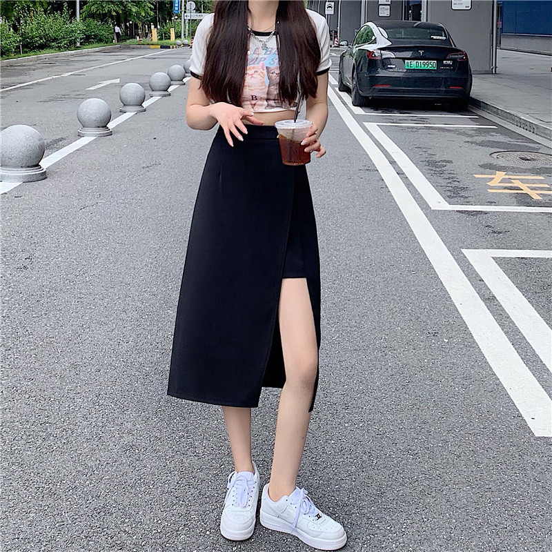 New Summer French Hepburn Style Black A- line Skirt High Waist Slimming Dipped Side Split Mid-length Skirt