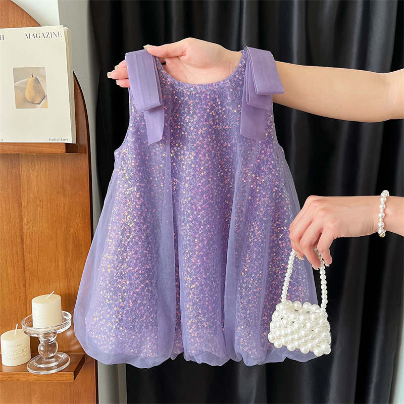 Girls' Summer 2025 New Stylish Fashionable Children's Sleeveless Vest dress Mesh Sequin Bud Princess Dress