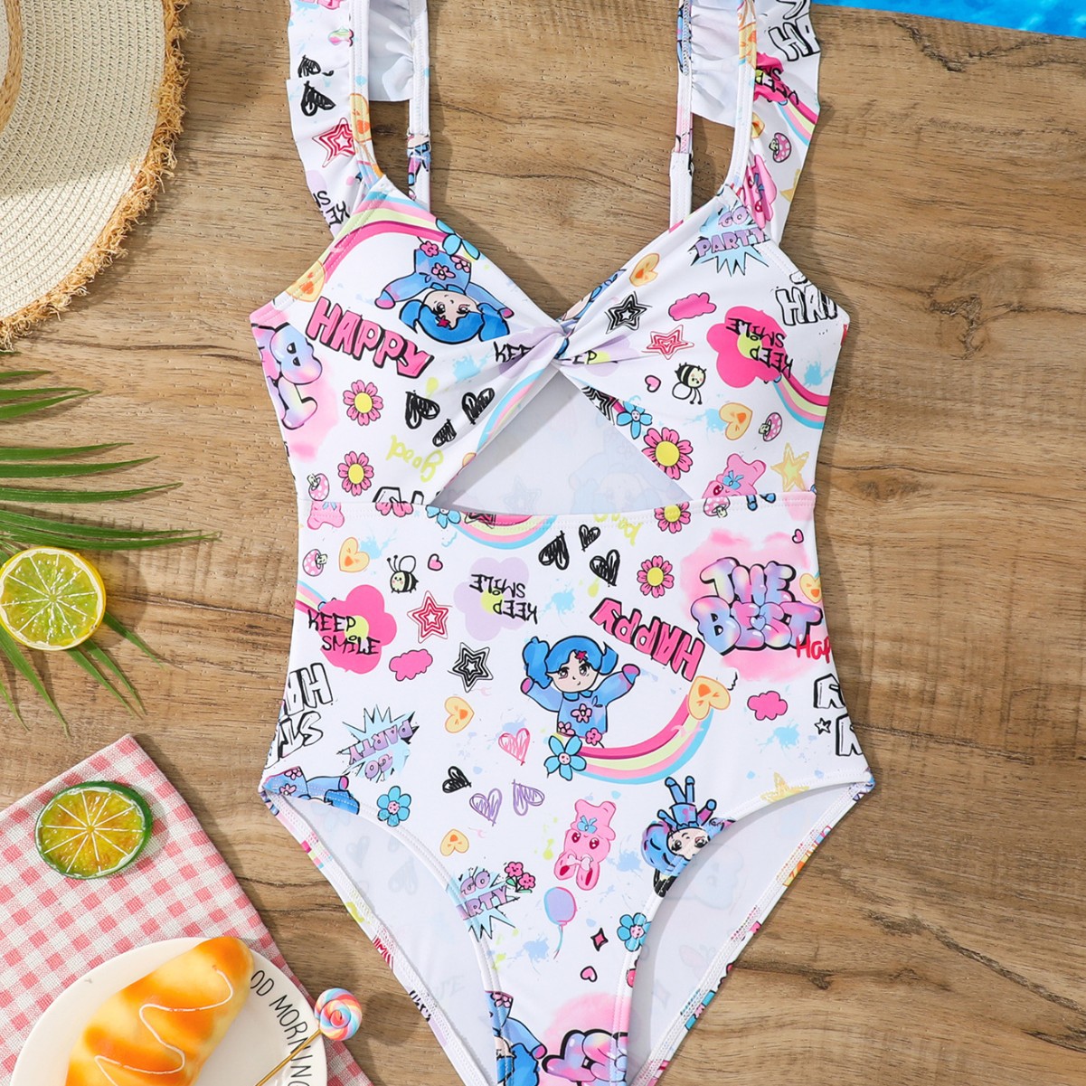 New Girls' Piece Swimsuit Hollow-out Ruffled Ear Edge Sling Children's Swimsuit for Middle and Big Children Student Hot Spring