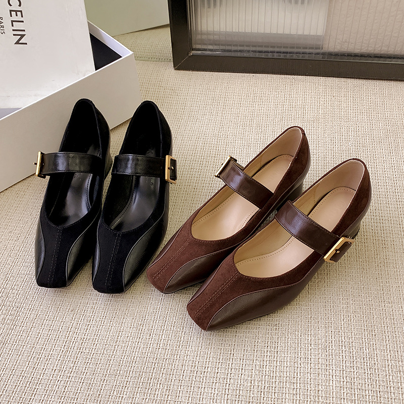 Cowhide Edition Mary Jane High Heels Women's 2025 Spring New Chunky Heel Single-layer Shoes Mid-heel Square-toe Small Leather Shoes
