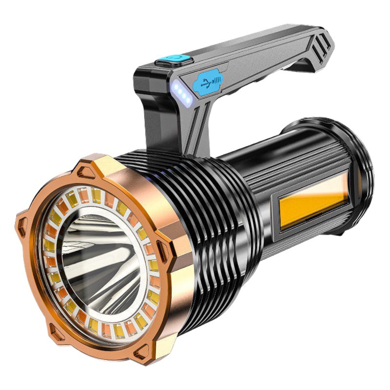 Led Strong Light Flashlight USB Rechargeable Outdoor Long-Range Searchlight with Side Light Work Light Duo Yellow Light Satchel Light