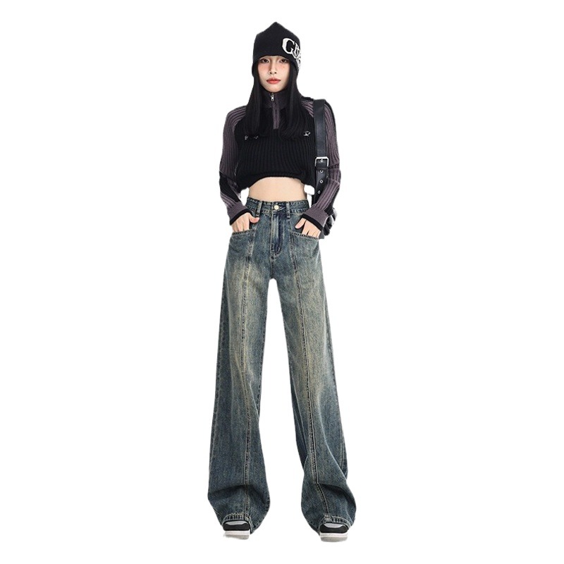 Retro Blue Wide-Leg Jeans for Women in Autum 2025 New High-Waisted Loose Slimming Look Floor-Length Straight Pants