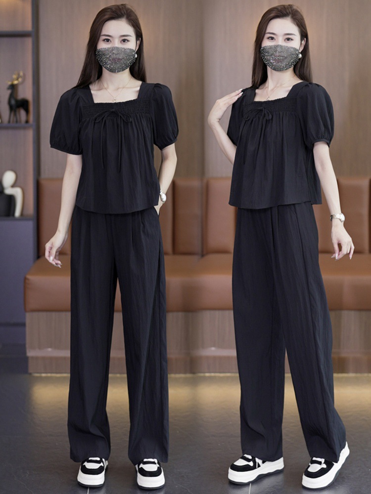 Fashionable Casual Square Collar suit Women's 2024 Summer New Loose Slimming Western Style Straight Pants Two-piece Set