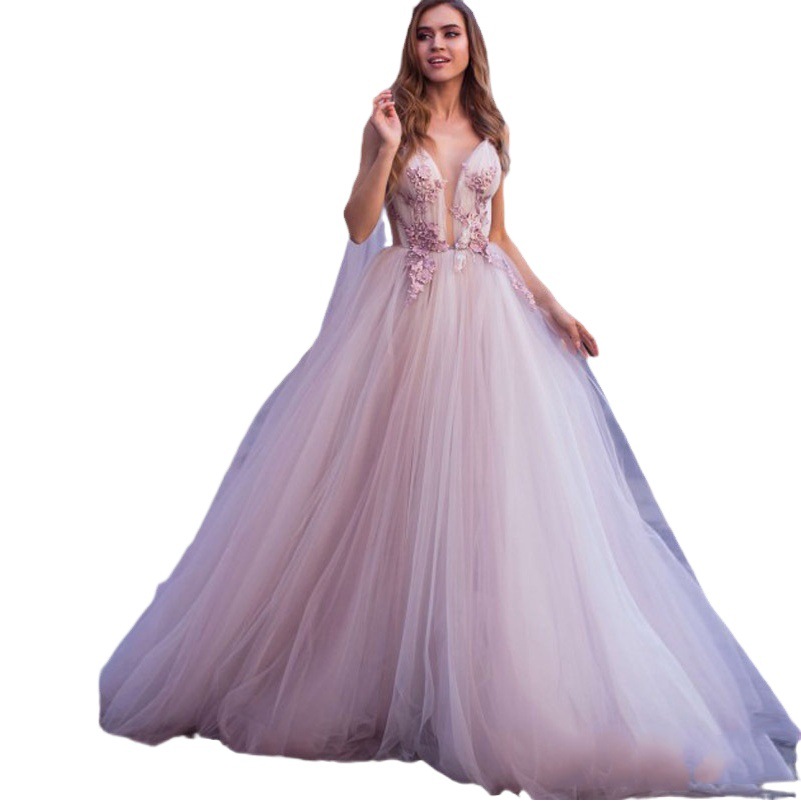 Foreign Trade Light Wedding Dress Small Trailing Waist Slimming Deep Three-dimensional Lace Deep V Perspective Colored Yarn Travel Wedding Dress