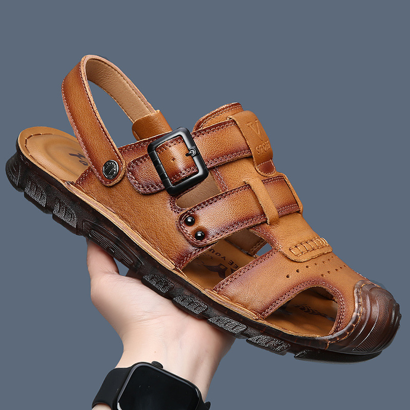 Sandals Summer Men's 2025 Genuine Leather Heap Sandals Men's Outwear Dual-Use Non-Slip Beach Shoes Men's Fashionable Beef Sole