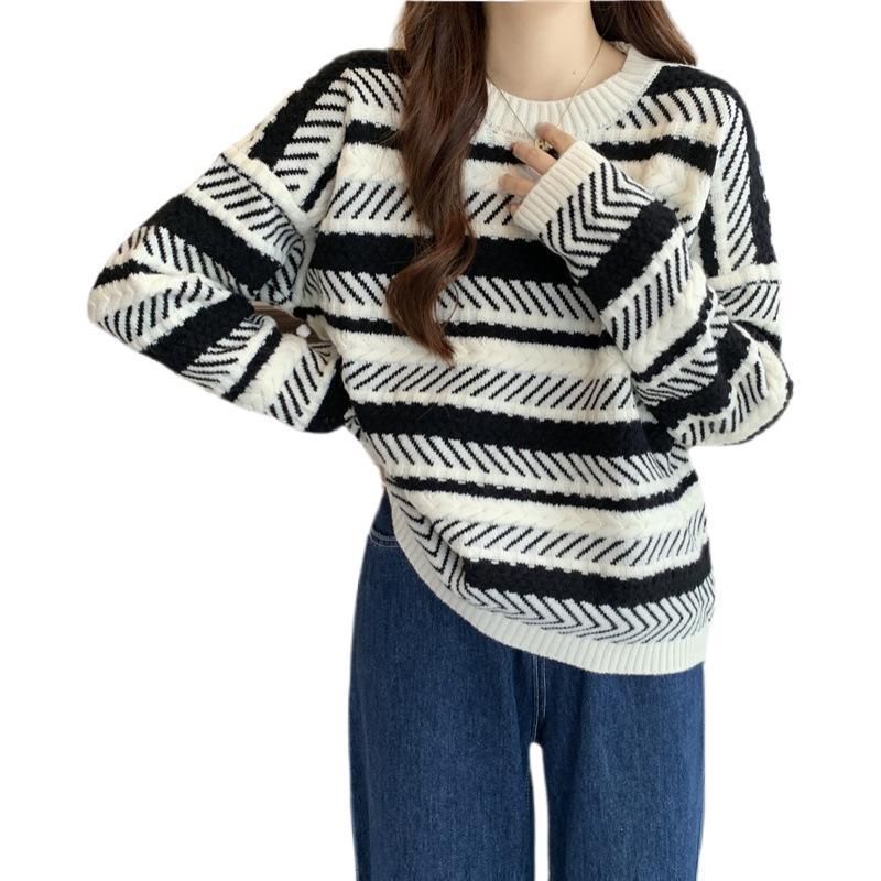 Picture of Autumn and Winter New Niche Retro Japanese Style Lazy Loose Base Top Women's Thickened Red Striped Sweater Women's Clothing