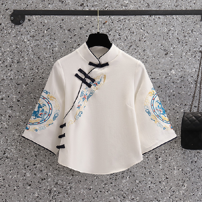Picture of Chinese Style National Style Hanfu Modified Zen Tea Clothing Top Vintage Embroidered Deer Yao Buckle Top suit Summer Skirt