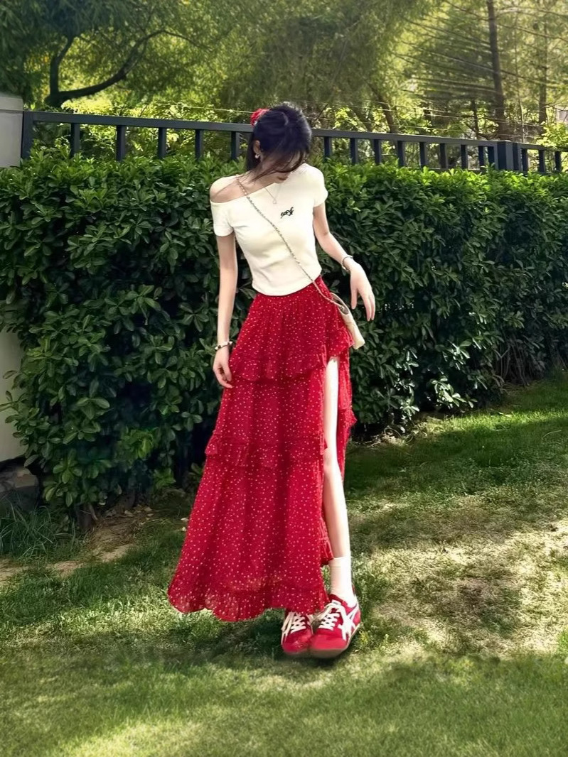 in stock 2025 Red Poll Split Skirt Women's Summer Cake Skirt Irregular A- Line Skirt Beautiful Skirt