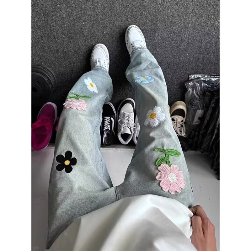 plus size American Style Vintage Trendy Flower Embroidered Jeans Women's High Waist Loose All-match Straight Leg Wide-leg Pants