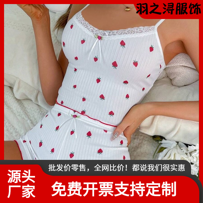 Cross-Border European and American Home Pajamas, Home Clothes, Women's Bow Lace Sexy Suspender Shorts Two-Piece Set