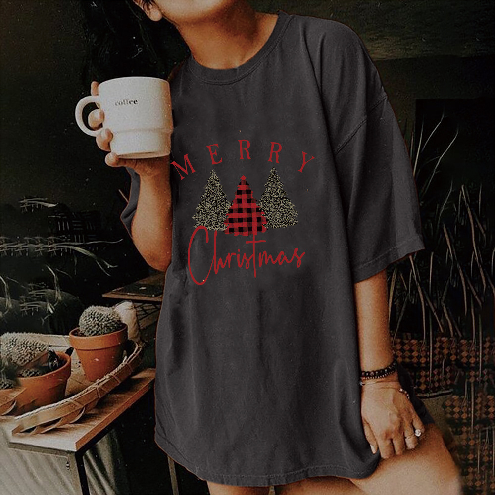 wish cross-border Christmas Merry Christmas Christmas tree drop-shoulder sleeve pattern women's drop-shoulder T-shirt