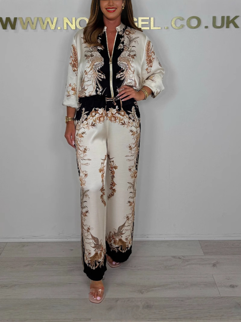 2025 Summer New European and American Fashion Stereo Printed Zipper Top Fashion Casual Wide-Leg Pants Two-Piece Set