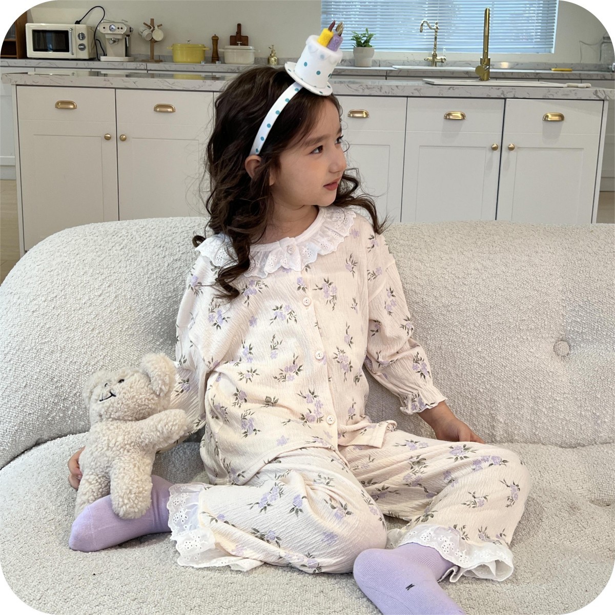 Picture of Children's Stretch Cotton Yarn suit Lace Baby Spring Cardigan Home Clothes Korean Style Cute Air-conditioning Clothes Pajamas