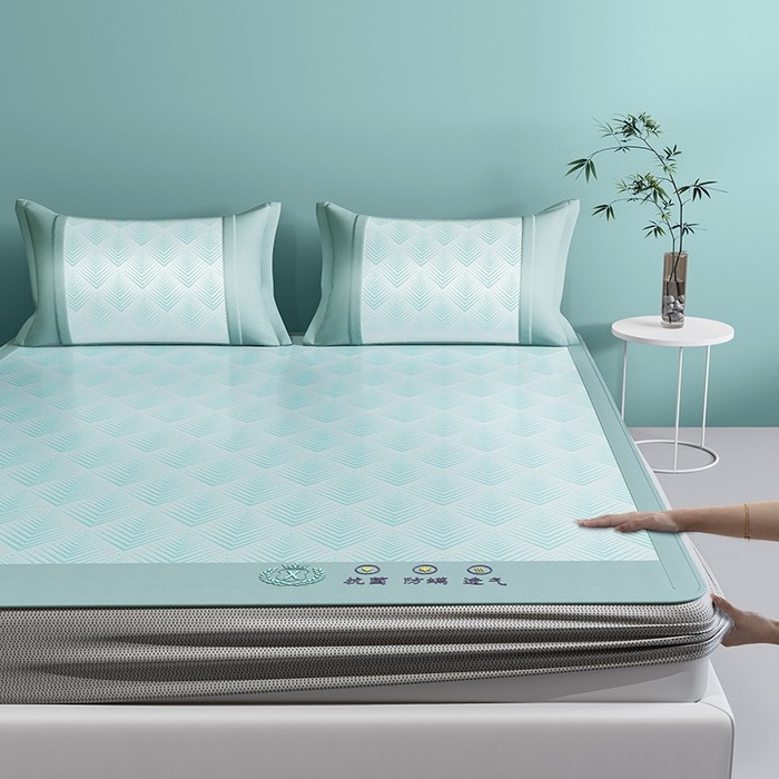 Picture of Class A antibacterial summer ice silk mat three-piece set machine washable folding summer air conditioning ice silk mat bed hat soft mat