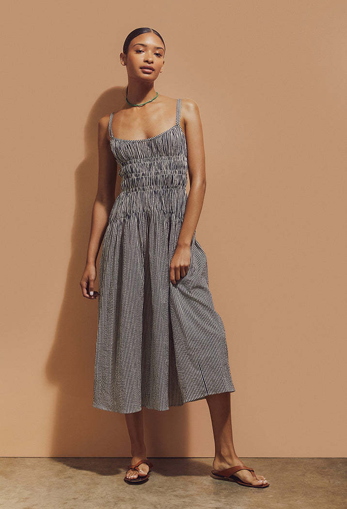 Picture of Amazon 2025 Striped Cotton Mid-Length Dress with Adjustable Straps, Backless Cross-Over Three-Row Pleated Lace-Up