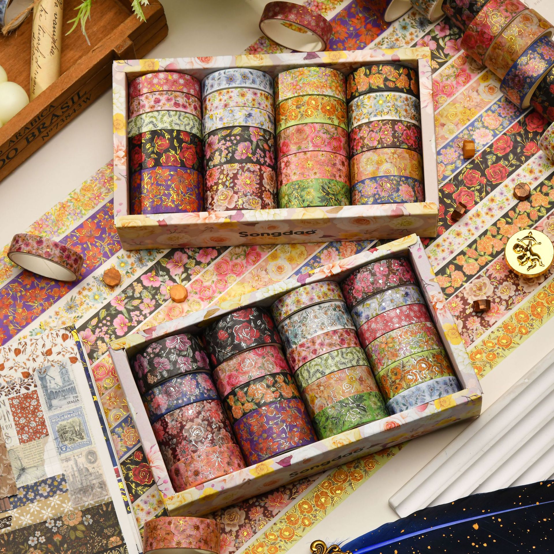 Canopy Flowers series bronzing and paper tape suit collage material stickers hand account tape wholesale