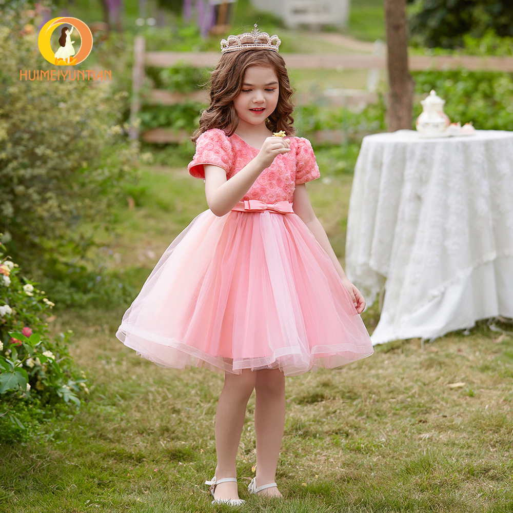 Children's Dress Girl Host Mesh Princess Dress Pink Flower Girl Wedding Little Girl Piano Performance Costume