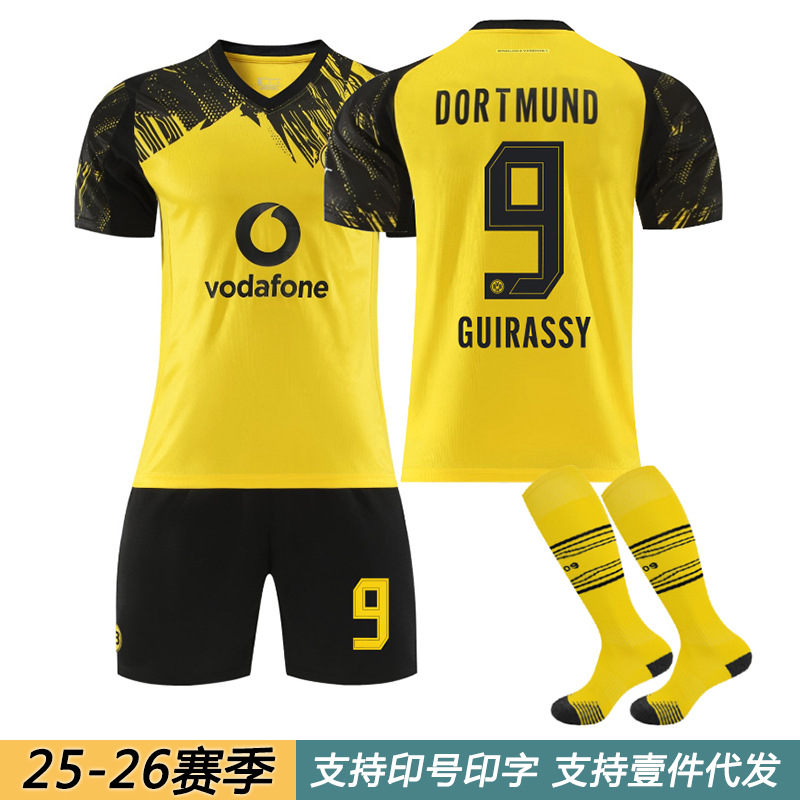 25-26 Dortmund home children's football kit set: 9 Girassie 10 Brandt, 27 Adeyemi adult jersey