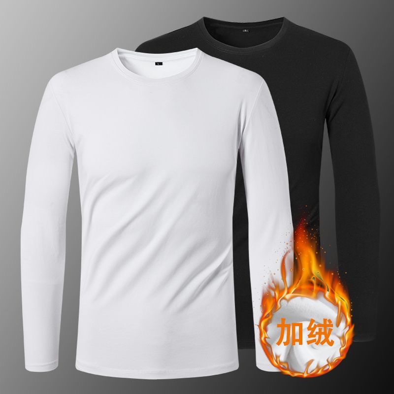 Non-inverted fleece thickened men's warm long-sleeved T-shirt autumn/winter crew neck base shirt 2025 long-sleeved comfortable reversible
