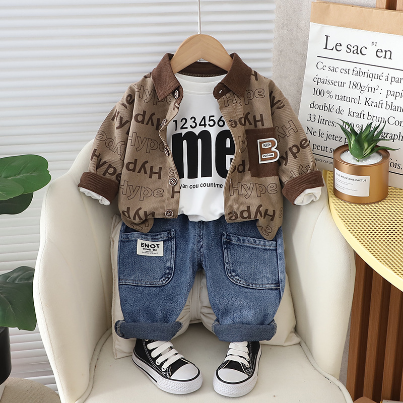 Korean style new handsome boy fashion brand fashionable cool handsome full printed letter long sleeve three-piece set children Spring Suit