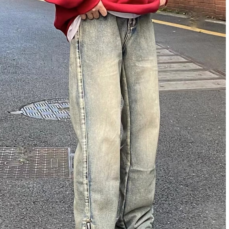 American retro Street washed distressed zipper straight jeans loose casual all-match couple trousers fashion
