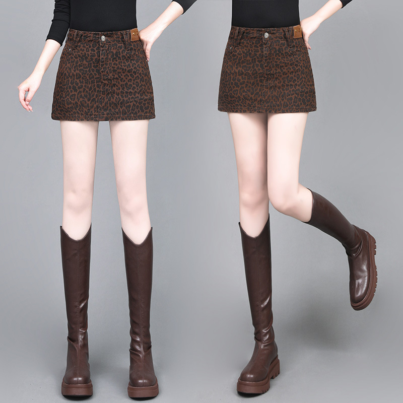 Picture of American Retro Spice Girl Leopard Print High Waist Denim Skirt 2024 Autumn New Belly Covering Slim A- line Skirt