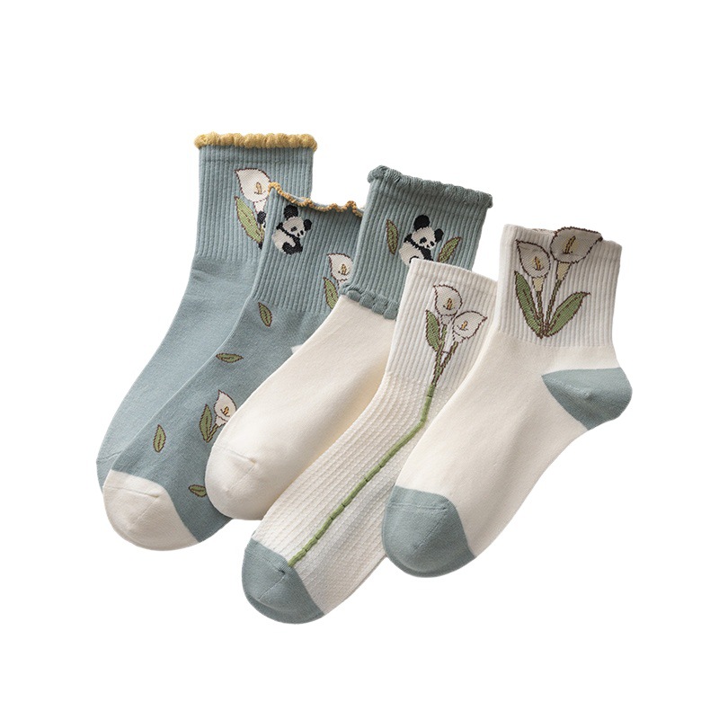 Socks Women's Spring and Autumn Four Seasons New Mid-length Socks Cute Panda Fashionable Instagram Stocking All-match Lace Bubble Mouth Flower