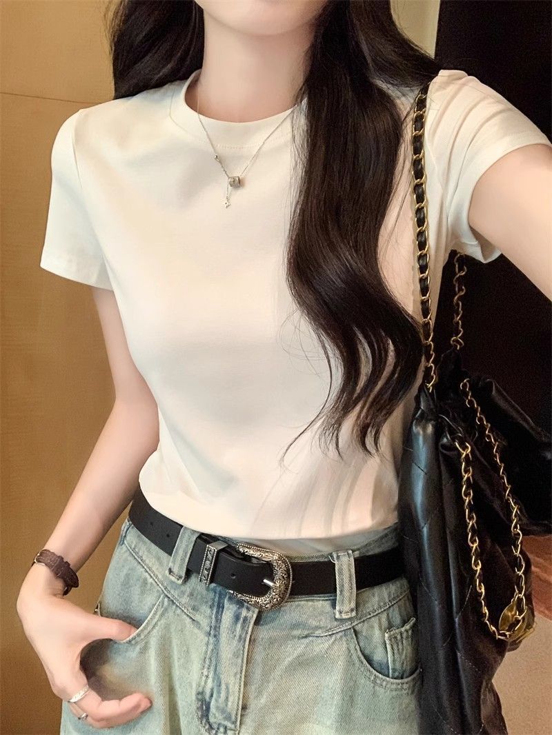 Right Shoulder Simple Short-Sleeved T-Shirt for Women 2025 Summer New Style American Retro Sexy Slim Inner Layering Shirt Top