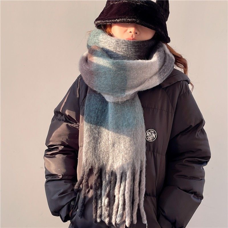Picture of Winter monochrome plush heavy weight soft fluffy lazy wind solid color large pulled wool warm scarf for students couple