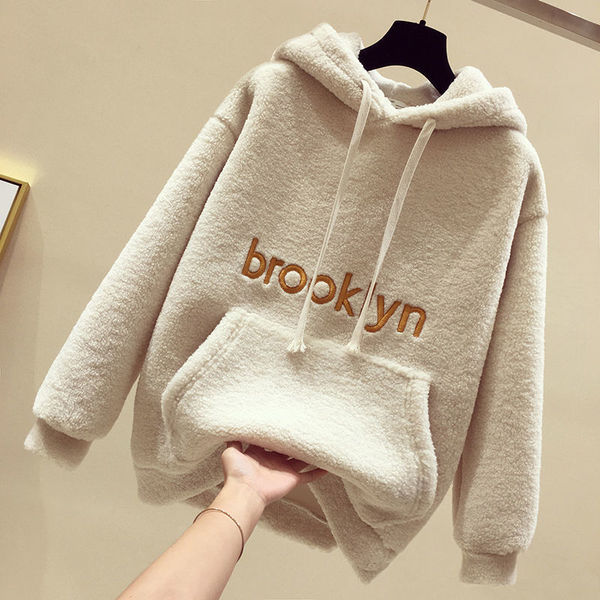 Ins Super Popular fleece-lined Thickened Sweatshirt for Female Students Korean-style Hooded Embroidered Imitation Lamb Wool Top Winter Loose Jacket