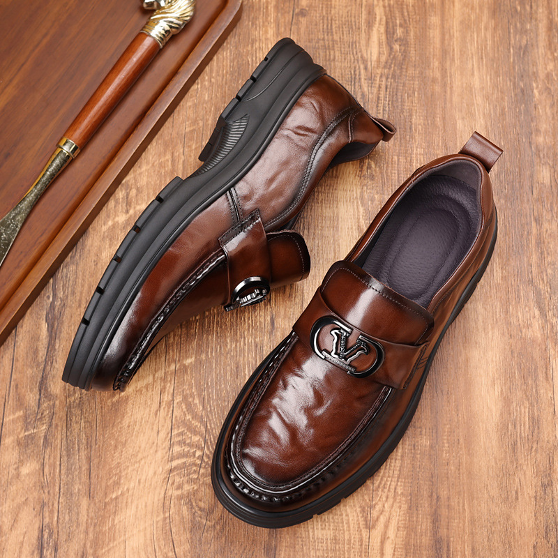 Genuine Leather Loafers Men's Business Leather Shoes Men's Slip-On Casual Leather Shoes Lightweight Thick-Soled Factory Wholesale Beanie Shoes