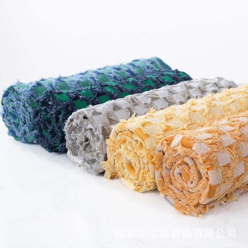 Picture of Tassel chessboard Plaid jacquard Denim fabric coat rinse washed Denim cotton cut flower texture clothing fabric