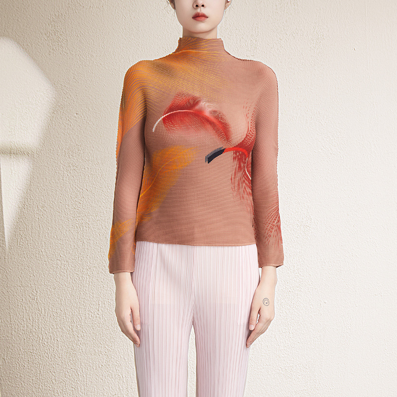 Picture of Miyake's New Half Turtleneck Stretch Slim Printed Bottoming Shirt Top 2025 Autum Pleated Long-Sleeved T-Shirt for Women